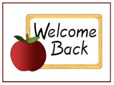 illustration of an apple in front of a sign that says 'welcome back'